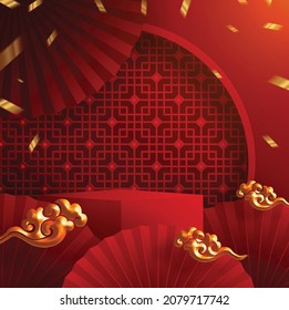 3d Podium round, square box stage podium and paper art Chinese new year,Chinese Festivals, Mid Autumn Festival, red paper cut, fan, flower and asian elements with craft style on background.