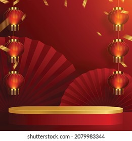 3d Podium round, square box stage podium and paper art Chinese new year,Chinese Festivals, Mid Autumn Festival, red paper cut, fan, flower and asian elements with craft style on background.