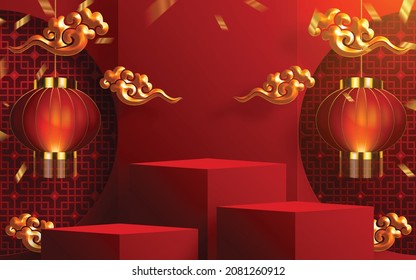 3D Podium rund, quadratisches Bühnenpodium und Papier Kunst Chinesisch neues Jahr, Chinesische Festivals, Mitte Herbst Festival, rotes Papier Schnitt, Fan, Blumen und asiatische Elemente mit Kunsthandwerk auf dem Hintergrund.