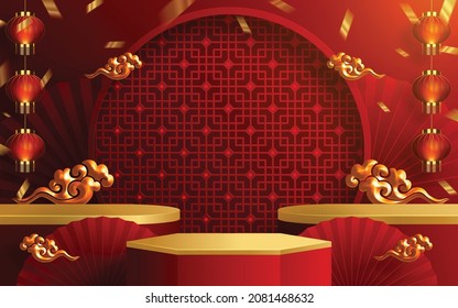 3d Podium round, square box stage podium and paper art Chinese new year,Chinese Festivals, Mid Autumn Festival, red paper cut, fan, flower and asian elements with craft style on background.