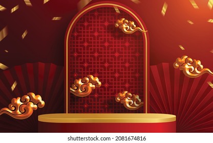 3d Podium round, square box stage podium and paper art Chinese new year,Chinese Festivals, Mid Autumn Festival, red paper cut, fan, flower and asian elements with craft style on background.