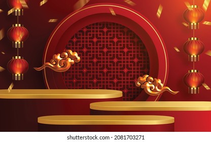 3d Podium round, square box stage podium and paper art Chinese new year,Chinese Festivals, Mid Autumn Festival, red paper cut, fan, flower and asian elements with craft style on background.