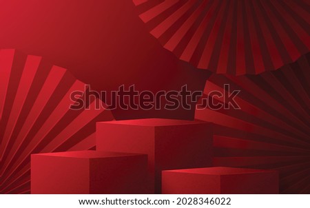 3d Podium round, square box stage podium and paper art Chinese new year,Chinese Festivals, Mid Autumn Festival, red paper cut, fan, flower and asian elements with craft style on background.