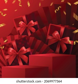 3d Podium round, square podium or boxing day sale, christmas or black friday shopping concept design of red, gold, black, boxing gloves holding for happy time with decorative elements cut style.