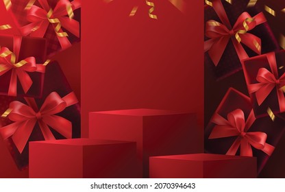 3d Podium round, square podium or boxing day sale, christmas or black friday shopping concept design of red, gold, black, boxing gloves holding for happy time with decorative elements cut style.