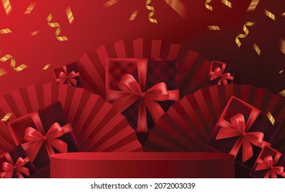 3d Podium round, square podium or boxing day sale, christmas or black friday shopping concept design of red, gold, black, boxing gloves holding for happy time with decorative elements cut style.