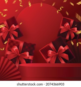 3d Podium round, square podium or boxing day sale, christmas or black friday shopping concept design of red, gold, black, boxing gloves holding for happy time with decorative elements cut style.