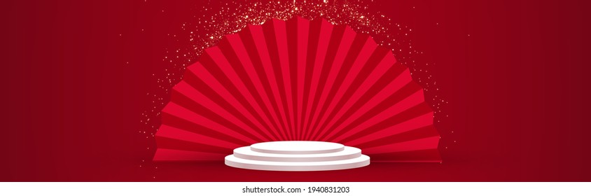3D podium. Round stage with chinese traditional elements. Asian promotion design pemplate. Chinese new year.