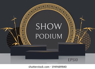 Podio 3D. Mesa redonda con elementos tradicionales chinos. El modelo de diseño de promoción asiático. Año nuevo chino.