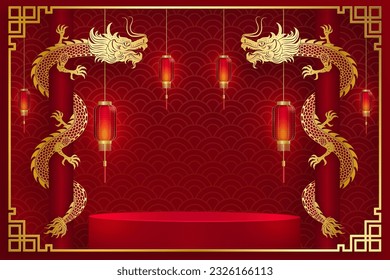3d Podium round stage Chinese style, for Chinese new year and festivals or mid autumn festival with red paper cut art and craft on color background with asian elements