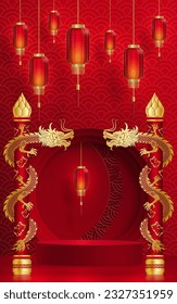 3d Podium round stage Chinese style, for Chinese new year and festivals or mid autumn festival with red paper cut art and craft on color background with asian elements