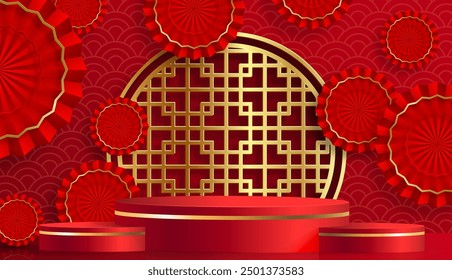 3d Podium round stage Chinese style, for Chinese new year and festivals or mid autumn festival with red paper cut art and craft on color background with asian elements