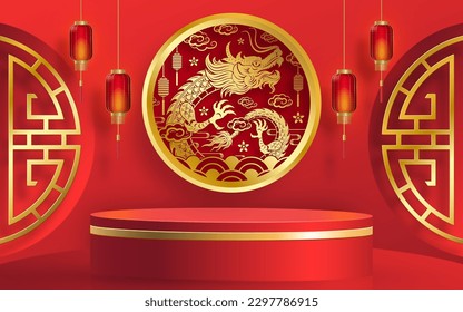 3d Escenario de podio para el feliz año nuevo chino 2024 Signo de Dragon Zodiac, sobre el fondo del color (Traducción china: feliz año nuevo 2024, año del dragón)
