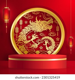 3d Podium round stage for happy Chinese new year 2024 Dragon Zodiac sign, on color background (Chinese Translation: happy new year 2024, year of Dragon)