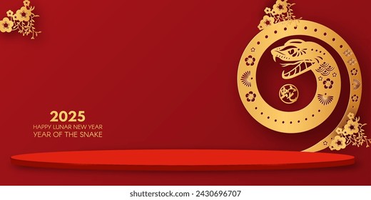 3d Podium round stage for Happy Chinese New Year 2025 with Snake sign. Lunar calendar. Season offer. Chinese text means 