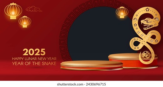 3d Podium round stage for Happy Chinese New Year 2025 with Snake sign. Lunar calendar design with shining lanterns. Season offer. Chinese text means 