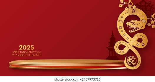 3d Podium runde Bühne für Glückliches Chinesisches Neues Jahr 2025 mit Schlangenzeichen. Mondkalender. Saisonangebot. Chinesischer Text bedeutet "Schlange"