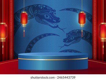 3d Podium round stage for happy Chinese new year 2025 Snake Zodiac sign, on color background (Chinese Translation: happy new year 2025, year of Snake)