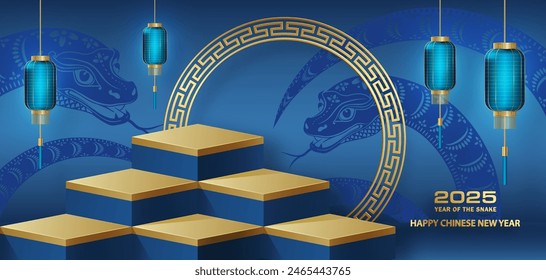 3d Podio etapa redonda para feliz año nuevo chino 2025 Serpiente Signo del zodíaco, sobre fondo de color (Traducción al chino: feliz año nuevo 2025, año de la serpiente)