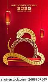 3d Podium round stage for happy Chinese new year 2025 Snake Zodiac sign, on color background (Chinese Translation: happy new year 2025, year of Snake)