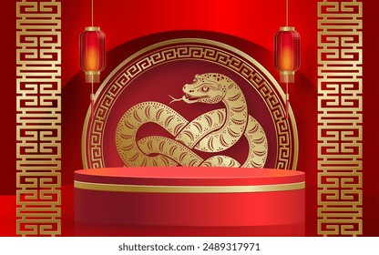 3d Podium round stage for happy Chinese new year 2025 Snake Zodiac sign, on color background (Chinese Translation: happy new year 2025, year of Snake)