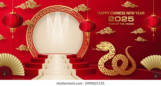 3d Podio etapa redonda para feliz año nuevo chino 2025 Serpiente Signo del zodíaco, sobre fondo de color (Traducción al chino: feliz año nuevo 2025, año de la serpiente)