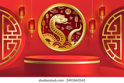 3d Podium round stage for happy Chinese new year 2024 Dragon Zodiac sign, on color background (Chinese Translation: happy new year 2024, year of Dragon)