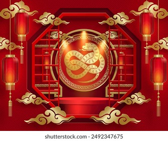 3d Podium round stage for happy Chinese new year 2025 Snake Zodiac sign, on color background (Chinese Translation: happy new year 2025, year of Snake)