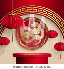 3d Podium round stage for happy Chinese new year 2025 Snake Zodiac sign, on color background (Chinese Translation: happy new year 2025, year of Snake)