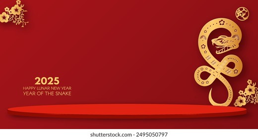 3d Podium round stage for Happy Chinese New Year 2025 with Snake sign. Lunar calendar. Season offer. Chinese text means "Snake"