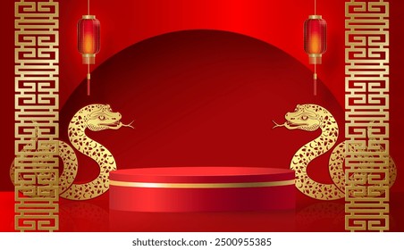 3d Podium round stage for happy Chinese new year 2025 Snake Zodiac sign, on color background (Chinese Translation: happy new year 2025, year of Snake)