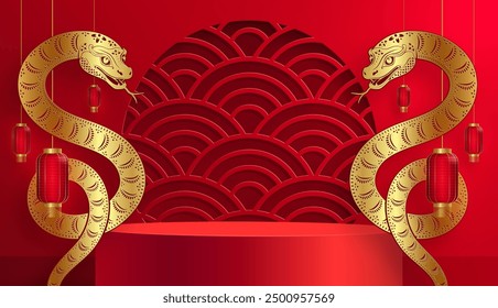 3d Podium round stage for happy Chinese new year 2025 Snake Zodiac sign, on color background (Chinese Translation: happy new year 2025, year of Snake)