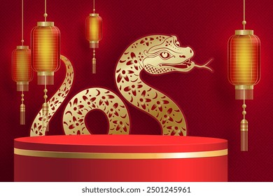 Etapa redonda del podio 3d para el feliz año nuevo chino 2025 signo del zodiaco de la serpiente, en el fondo del color (traducción china: feliz año nuevo 2025, año de la serpiente)