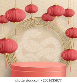 3d Podium round stage for happy Chinese new year 2025 Snake Zodiac sign, on color background (Chinese Translation: happy new year 2025, year of Snake)