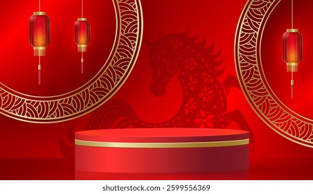 3d Podium round stage for happy Chinese new year 2026 Horse Zodiac sign, on color background (Chinese Translation: happy new year 2026, year of Horse)