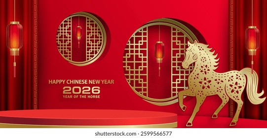 3d Podium round stage for happy Chinese new year 2026 Horse Zodiac sign, on color background (Chinese Translation: happy new year 2026, year of Horse)