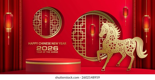 3d Podium round stage for happy Chinese new year 2026 Horse Zodiac sign, on color background (Chinese Translation: happy new year 2026, year of Horse)