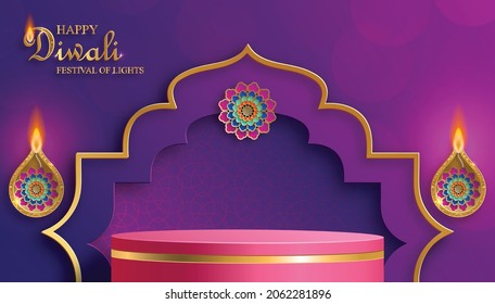 3d Podium Round Stage Style, For Diwali, Deepavali Or Dipavali, The Indian Festival Of Lights With Diya Lamp, Fire Lighting And Oriental Objects On Color Background