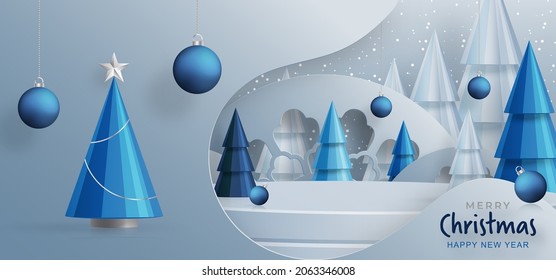 3 d Estilo de escenario de podio redondo, para Feliz Navidad y feliz año nuevo y festivales o festival de saludo sobre arte de corte de papel y artesanía con fondo de color y elementos festivos