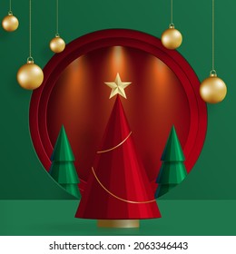 3d Podium round stage style, for Merry Christmas and happy new year and festivals or greeting festival on paper cut art and craft with color background and festive elements