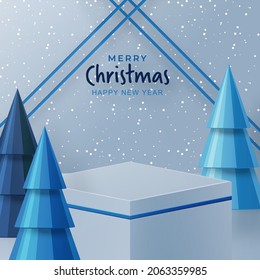 3 d Estilo de escenario de podio redondo, para Feliz Navidad y feliz año nuevo y festivales o festival de bienvenida con arte de corte de papel y artesanía sobre fondo de color con elementos festivos