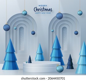 3 d Estilo de escenario de podio redondo, para Feliz Navidad y feliz año nuevo y festivales o festival de bienvenida con arte de corte de papel y artesanía sobre fondo de color con elementos festivos