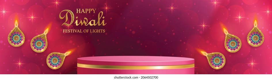 3d Podium round stage style, for Diwali, Deepavali or Dipavali, the indian festival of lights with Diya lamp, fire lighting and oriental objects on color background