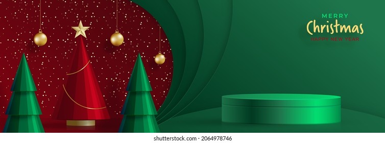 3d Podium round stage style, for Merry Christmas and happy new year and festivals or greeting festival on paper cut art and craft with color background and festive elements