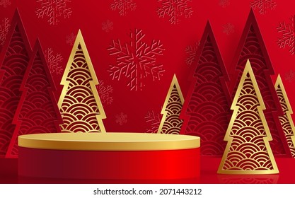 3d Podium round stage style, for Merry Christmas and happy new year and festivals or greeting festival on paper cut art and craft with color background and festive elements
