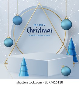 3d Podium round stage style, for Merry Christmas and happy new year and festivals or greeting festival on paper cut art and craft with color background and festive elements