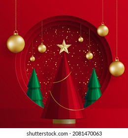 3d Podium round stage style, for Merry Christmas and happy new year and festivals or greeting festival on paper cut art and craft with color background and festive elements