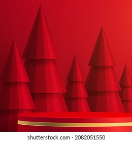 3 d Estilo de escenario de podio redondo, para Feliz Navidad y feliz año nuevo y festivales o festival de saludo sobre arte de corte de papel y artesanía con fondo de color y elementos festivos