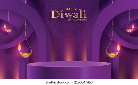 3 d Estilo de escenario redondo de podio, para Diwali, Deepavali o Dipavali, festival indio de luces con objetos orientales sobre fondo de color