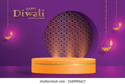3d Podium round stage style, for Diwali, Deepavali or Dipavali, the Indian festival of lights with oriental objects on color background